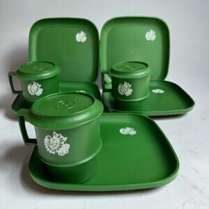 Vintage Tupperware Avocado Green Dove Snack Set 11 Pc Retro 1970s
